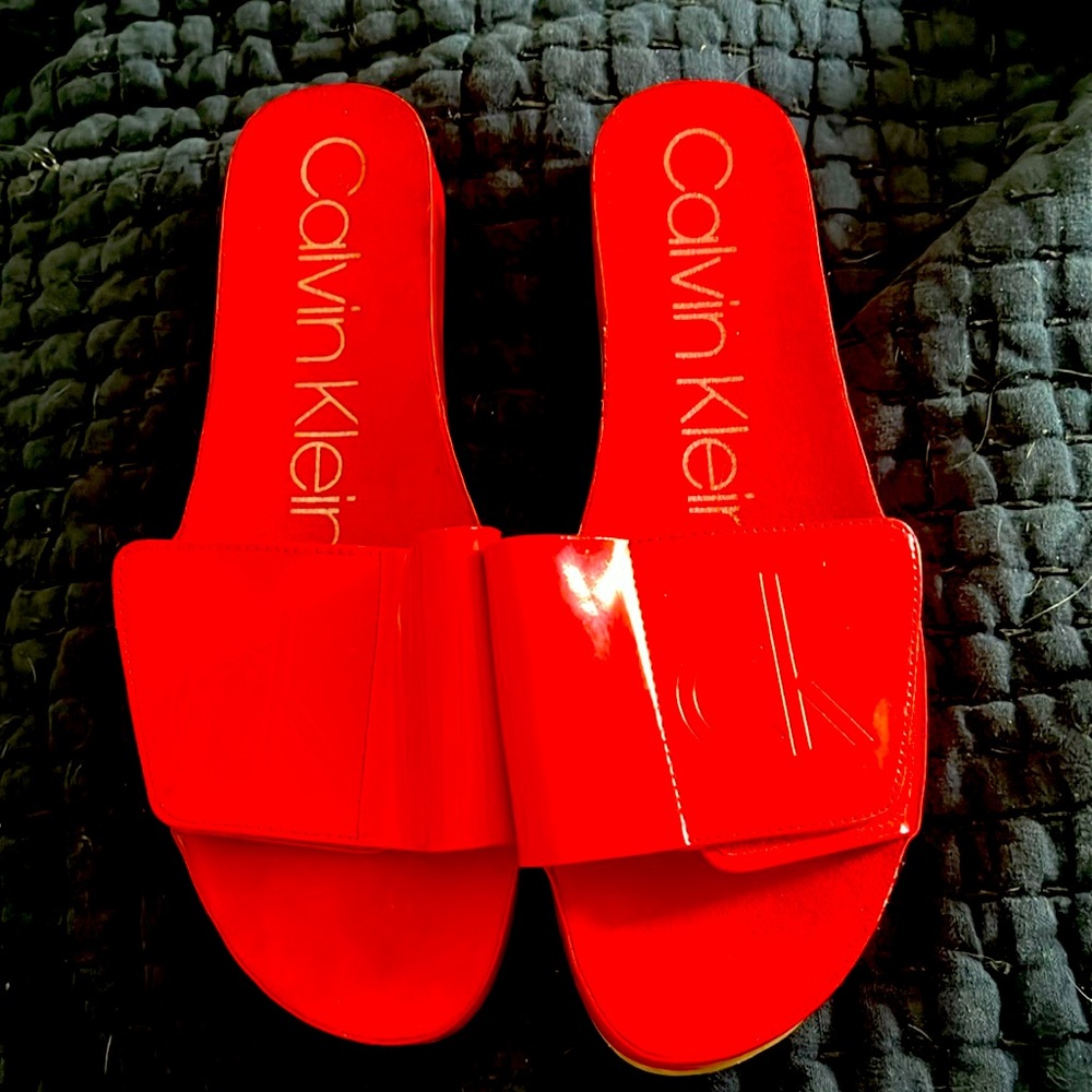 Calvin Klein red patent slides